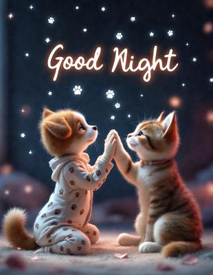 The image features two cats, one sitting and the other standing, with their paws touching. They are positioned in front of a starry night background, which adds a sense of wonder and magic to the scene. The visual style of the image is a combination of photo and digital art, creating a whimsical and charming atmosphere. The primary subject of the image is the two cats, and their interaction with each other, while the setting and background provide a sense of depth and enchantment.