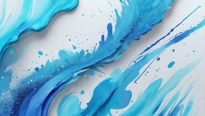 The primary subject of the image is a painting of a blue wave. The setting is a white wall, and the visual style appears to be a digital art or illustration. The dominant colors in the painting are blue and white, creating a serene and calming atmosphere.