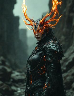 The primary subject of the image is a woman wearing a unique and intricate costume. She is standing in a dark, rocky environment, possibly a cave or a dungeon. The visual style of the image is a combination of photo and digital art, creating a dramatic and captivating scene. The woman's costume is predominantly black, with a mix of metallic and glowing elements, giving her a mysterious and otherworldly appearance. The overall atmosphere of the image is dark and mo