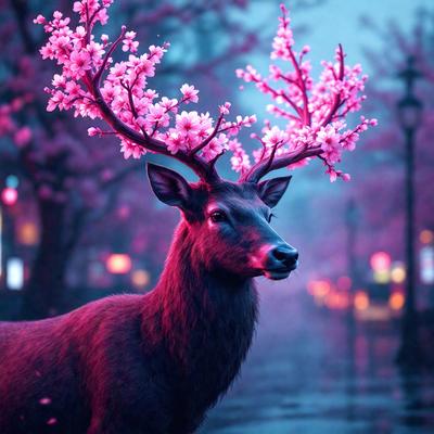 The primary subject of the image is a deer with a large set of antlers, standing in a forest with pink flowers. The setting is a forest with pink flowers, and the visual style is a digital art or illustration. The dominant colors in the image are pink and purple, creating a serene and peaceful atmosphere.