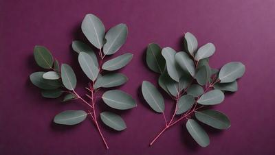 The image features two green leaves, one on the left and the other on the right, placed on a purple surface. The leaves are arranged in a way that they appear to be overlapping each other. The purple background provides a contrasting color to the green leaves, creating a visually appealing scene.