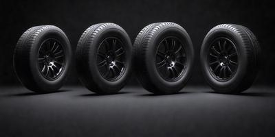 The primary subject of the image is a set of four black tires. They are placed on a black surface, which creates a contrast with the tires. The visual style of the image is a photo, and the dominant colors are black and white. The overall atmosphere of the image is dark and mysterious, as the tires are the main focus and there is no other visible detail in the scene.