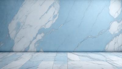 The primary subject of the image is a marble wall with a blue tint. The setting is a room with a white floor, and the visual style is a photo. The dominant colors are blue and white, creating a calm and sophisticated atmosphere.