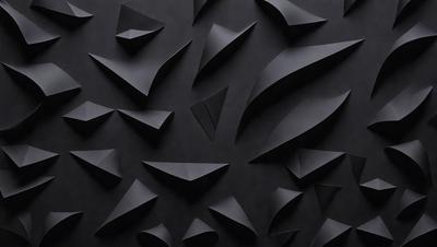 The primary subject of the image is a black wall with a pattern of triangles and other shapes. The setting is a dark room, and the visual style appears to be a combination of digital art and illustration. The dominant colors are black and various shades of gray, creating a moody atmosphere.