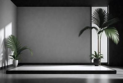 The primary subject of the image is a large potted plant, which is placed on a white surface. The setting is a room with a wall, and the visual style appears to be a black and white photo. The colors and mood of the image are predominantly black and white, creating a classic and timeless atmosphere.