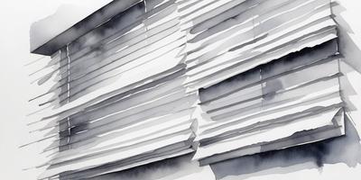 The primary subject of the image is a stack of white papers. The setting is a room with a window, and the visual style is a painting or drawing. The colors and mood of the image are predominantly white, giving it a clean and minimalist appearance.