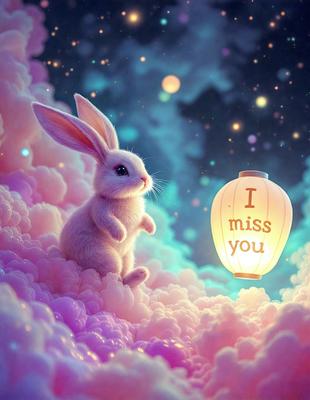 Primary subject: A bunny with a light on its head.
Setting/background: A pink and blue cloudy sky.
Visual style: Digital art.
Colors and mood: Pink and blue, with a whimsical and playful atmosphere.
