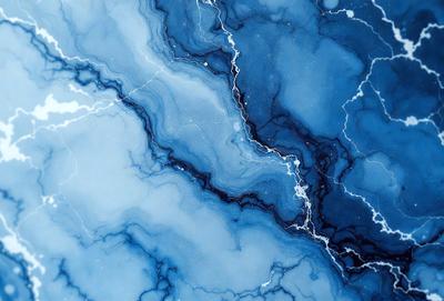The primary subject of the image is a blue marble-like surface with a pattern of swirls and lines. The setting is a blue background, which adds to the overall visual style. The image appears to be a digital art or illustration, showcasing the intricate design of the marble-like surface. The dominant colors are blue and white, creating a calm and serene atmosphere.