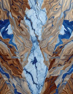 The primary subject of the image is a marble wall with a blue and white pattern. The setting is a room with a blue and white marble wall, and the visual style is a combination of digital art and illustration. The dominant colors are blue and white, creating a calm and sophisticated atmosphere.
