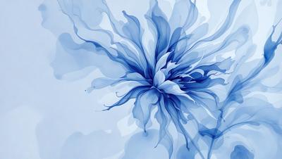 The primary subject of the image is a large, blue, flowery plant with a white center. The plant is the main focus of the image, and it is set against a blue background. The visual style of the image is a combination of digital art and illustration, creating a vibrant and colorful scene. The dominant colors in the image are blue and white, giving the scene a calm and serene atmosphere.