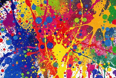 The primary subject of the image is a colorful, abstract painting featuring a mix of yellow, red, blue, and green colors. The painting is displayed on a wall, creating a vibrant and lively atmosphere. The visual style of the painting suggests that it is a digital art or illustration, rather than a photo or traditional painting. The colors and mood of the painting evoke a sense of creativity and energy, making it an eye-catching and engaging piece of art.