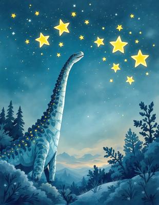 Primary subject: A large blue dinosaur with a long neck and a mouth open, standing in front of a night sky filled with stars.

Setting/background: The dinosaur is standing in front of a night sky filled with stars, creating a serene and peaceful atmosphere.

Visual style: The image is a digital art illustration, featuring a detailed and vibrant representation of the dinosaur and the night sky.

Colors and mood: The dominant colors in the image are blue and white