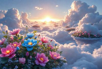 Primary subject: A beautiful flower arrangement in a cloudy sky.

Setting/background: The sky is filled with clouds, creating a whimsical and dreamy atmosphere.

Visual style: The image is a digital artwork, featuring a vibrant and colorful flower arrangement.

Colors and mood: The dominant colors are pink, blue, and white, creating a warm and inviting mood.