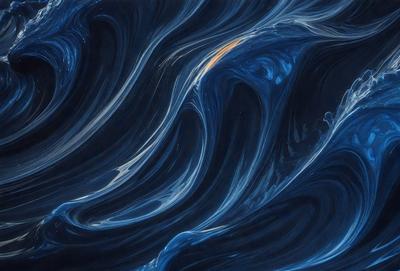 The primary subject of the image is a blue ocean with a swirling pattern. The setting is the ocean, and the visual style is a digital art or illustration. The dominant colors are blue and black, creating a calm and serene atmosphere.