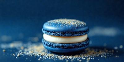 The primary subject of the image is a close-up of a blue and white macaroon. The setting is a blue background, and the visual style is a photo. The dominant colors are blue and white, creating a calm and soothing atmosphere.