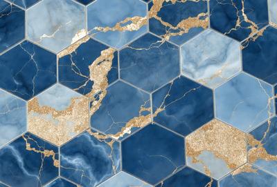 The primary subject of the image is a blue and gold mosaic tile pattern. The setting is a blue and gold tiled surface, which serves as the background. The visual style is a combination of digital art and illustration, creating a unique and intricate design. The dominant colors in the image are blue and gold, giving the overall atmosphere a sense of luxury and sophistication.