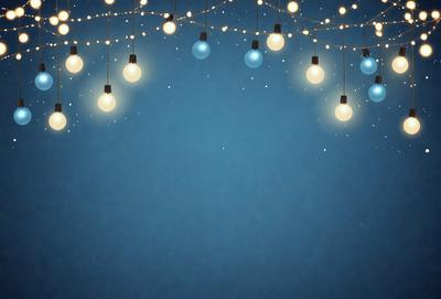 The primary subject of the image is a blue sky with a string of lights hanging from it. The lights are scattered throughout the sky, creating a beautiful and serene atmosphere. The setting is a clear, cloudless day, with no visible background or environment. The visual style of the image is a combination of a photo and digital art, as it captures the beauty of the sky and the lights in a realistic yet artistic manner. The colors and mood of the image are predominantly blue, with the lights adding a touch