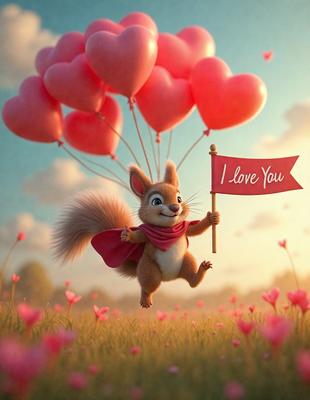 Primary subject: A cartoon squirrel with a heart balloon.

Setting/background: A field of pink hearts.

Visual style: Digital art.

Colors and mood: The image is predominantly pink, creating a warm and loving atmosphere.