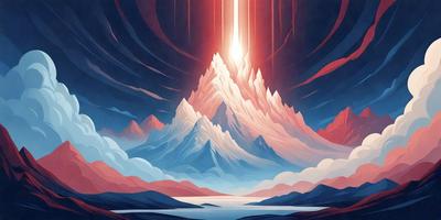 The primary subject of the image is a large, snow-covered mountain with a red glow in the sky. The mountain is situated in front of a body of water, which adds to the overall beauty of the scene. The visual style of the image is a combination of digital art and illustration, creating a stunning and captivating landscape. The colors and mood of the image are predominantly blue and red, with the red glow in the sky adding a sense of warmth and intensity to the scene.