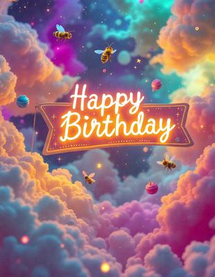 Happy Birthday: [The main object, scene, or focus of the image is a birthday sign with a cloudy background.]

Setting/background: [The environment, backdrop, or surface visible is a cloudy sky.]

Visual style: [The image is a digital art or illustration.]

Colors and mood: [The dominant colors are pink and purple, and the overall atmosphere is cheerful and celebratory.]