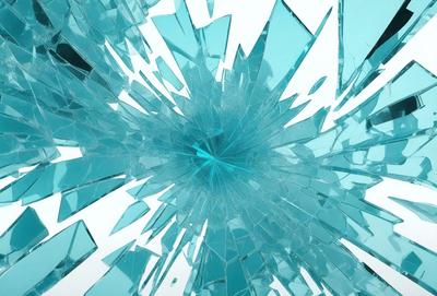 The primary subject of the image is a large, blue, glass-like structure with a circular shape. The setting is a white background, which contrasts with the blue glass. The visual style is a combination of a photo and digital art, creating a unique and intriguing appearance. The colors and mood of the image are predominantly blue, giving it a calm and serene atmosphere.