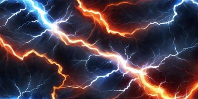 The primary subject of the image is a bright, colorful lightning bolt. The setting is a dark, cloudy sky, and the visual style is a digital art or illustration. The dominant colors are red, orange, and blue, creating a vibrant and energetic atmosphere.