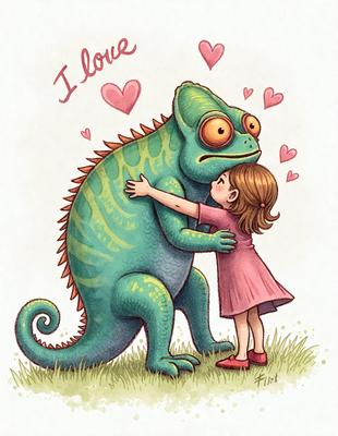 The image features a little girl hugging a large green lizard, which appears to be a chameleon. The scene takes place in a grassy area, with the lizard and the girl standing close to each other. The visual style of the image is a combination of digital art and illustration, creating a whimsical and playful atmosphere. The primary subject of the image is the interaction between the little girl and the chameleon, while the setting and background provide a natural and serene environment for their encounter.