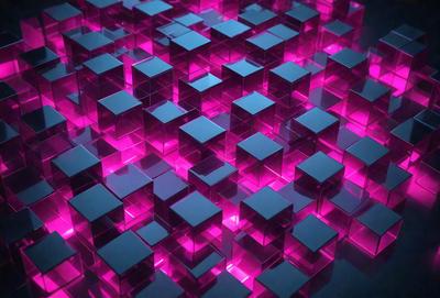 The primary subject of the image is a large, pink, three-dimensional grid made up of many small squares. The setting is a dark background, which contrasts with the bright pink squares. The visual style is a combination of digital art and illustration, creating a unique and eye-catching pattern. The colors and mood of the image are predominantly pink, giving it a warm and inviting atmosphere.