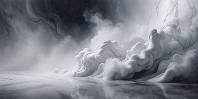 The primary subject of the image is a cloud of smoke, which is the main object, scene, or focus of the image. The setting or background features a dark, moody atmosphere, which is emphasized by the smoke's dense and swirling nature. The visual style of the image is a black and white photo, which adds to the dramatic and artistic quality of the scene. The colors and mood of the image are predominantly dark and mysterious, with the smoke serving as the central point of interest.