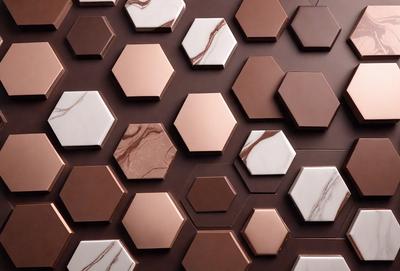 The primary subject of the image is a pattern of hexagonal shapes made of marble and wood. The setting is a wall with a brown background, and the visual style appears to be a combination of photo and digital art. The dominant colors are brown and white, creating a warm and natural atmosphere.