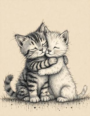 The image features two cats, one white and one black and white, sitting close to each other and hugging each other. They are positioned on a grassy surface, which serves as the background. The cats appear to be enjoying each other's company, creating a warm and affectionate atmosphere.