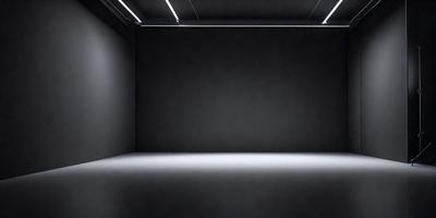 The primary subject of the image is a black wall with a white floor. The setting is a room with a black background, and the visual style is a black and white photo. The colors and mood of the image are predominantly dark, creating a moody and dramatic atmosphere.