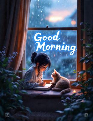 The primary subject of the image is a young girl sitting on a window sill, looking at a cat. The setting is a room with a window, and the visual style is a digital art illustration. The colors and mood of the image are predominantly warm and cozy, with the girl and the cat being the main focus of the scene.