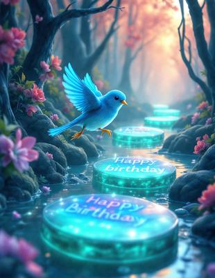 The primary subject of the image is a blue bird, which is flying over a body of water. The setting is a forest, with trees visible in the background. The visual style is digital art, as the bird and the water are depicted in a vibrant and colorful manner. The colors and mood of the image are lively and cheerful, as the blue bird and the forest create a sense of joy and celebration.