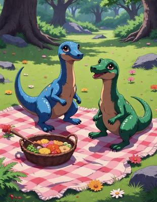 The image features two cartoon dinosaurs sitting on a blanket in a field. One dinosaur is blue, and the other is green. They are both looking at a basket filled with fruit, which is placed on the blanket between them. The field is surrounded by rocks, and there are several apples scattered around the area. The overall atmosphere of the image is playful and fun, with the dinosaurs enjoying their time together in a whimsical setting.