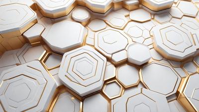 The primary subject of the image is a pattern of white and gold hexagons. The setting is a wall with a gold background, giving the pattern a shiny and luxurious appearance. The visual style is a combination of digital art and illustration, creating a unique and eye-catching design. The colors and mood of the image are predominantly gold and white, giving it a warm and elegant feel.