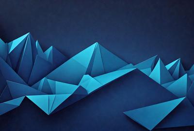 The primary subject of the image is a blue mountain made of paper. The setting is a blue background, which creates a contrasting and visually appealing scene. The visual style is a combination of digital art and illustration, as the paper mountain is skillfully crafted and presented. The dominant colors are blue and white, giving the image a calm and serene atmosphere.