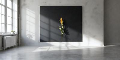 The primary subject of the image is a large, black and white painting of a flower. The painting is displayed on a wall, and the flower is the main focus of the scene. The setting is a room with a window, and the visual style appears to be a combination of a photo and a painting. The colors in the painting are predominantly black and white, creating a classic and timeless atmosphere.
