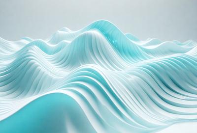 The primary subject of the image is a large, white, and blue wave. The wave is the main object, scene, or focus of the image. The setting or background consists of a white surface, which could be a wall or a table. The visual style of the image is a combination of photo and digital art, as it appears to be a photo of a digital art piece. The dominant colors in the image are white and blue, creating a calm and serene atmosphere.