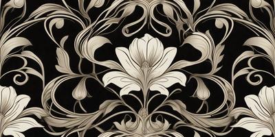 The primary subject of the image is a white flower with a yellow center, which is the focal point of the scene. The setting is a black background, which contrasts with the white flower, creating a striking visual effect. The visual style of the image is a combination of digital art and illustration, as it features a detailed and intricate design. The dominant colors in the image are white and black, with the white flower standing out against the dark background. The overall atmosphere of the image is elegant and sophisticated, with the