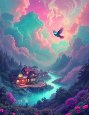 The primary subject of the image is a bird flying over a beautiful landscape featuring a house, a river, and a forest. The setting is a picturesque scene with a mix of natural elements and a house, creating a serene and peaceful atmosphere. The visual style of the image is a digital art or illustration, showcasing the artist's creativity and attention to detail. The colors and mood of the image are predominantly pink and purple, which adds a sense of warmth and tranquility to the