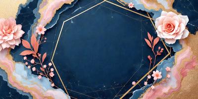 The primary subject of the image is a blue circular plate with a gold border. The plate is adorned with a pattern of flowers, creating a visually appealing and artistic design. The setting is a table, and the visual style is a combination of digital art and illustration. The colors and mood of the image are predominantly blue and gold, giving it a sophisticated and elegant appearance.