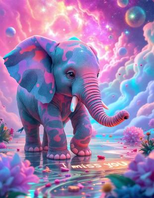 The primary subject of the image is a large, colorful elephant standing in a pink and purple water-filled environment. The elephant appears to be walking through the water, possibly in a rainbow-colored forest. The setting is a whimsical and imaginative scene, with the elephant being the main focus. The visual style of the image is a combination of digital art and illustration, creating a vibrant and lively atmosphere. The colors and mood of the image are predomin