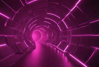 The primary subject of the image is a tunnel with a pink lighting effect. The setting is a dark, enclosed space with a bright pink glow illuminating the tunnel. The visual style appears to be a digital art or illustration, creating a unique and captivating atmosphere. The dominant colors are pink and purple, giving the scene a warm and inviting mood.