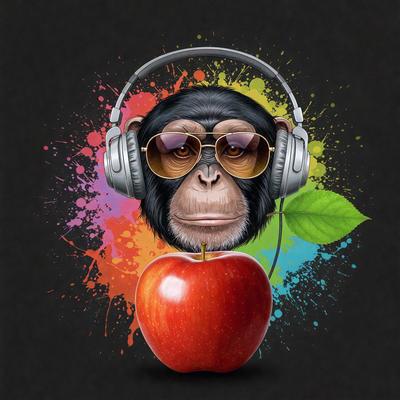 The primary subject of the image is a monkey with headphones on, wearing sunglasses and a headset. The monkey is holding an apple in its hand. The setting is a colorful background, which adds a vibrant and lively atmosphere to the scene. The visual style is a combination of digital art and illustration, creating a unique and eye-catching image. The colors and mood are predominantly bright and cheerful, with the monkey's headphones and sunglass