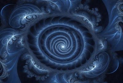 The primary subject of the image is a spiral pattern, which is the main object, scene, or focus of the image. The spiral pattern is set against a blue background, creating a visually striking contrast. The spiral pattern is a digital art piece, showcasing the artist's skill in creating intricate designs. The overall atmosphere of the image is one of beauty and complexity, with the spiral pattern serving as the central visual element.