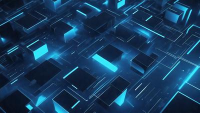The primary subject of the image is a blue and black digital artwork featuring a pattern of cubes. The setting is a dark blue background, and the visual style is a combination of digital art and illustration. The dominant colors are blue and black, creating a moody and futuristic atmosphere.