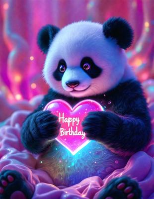 The primary subject of the image is a panda bear. The setting is a purple background, which adds a unique and colorful touch to the scene. The visual style is a digital art or illustration, as the panda bear is depicted in a creative and artistic manner. The colors and mood of the image are predominantly purple, giving it a whimsical and playful atmosphere.