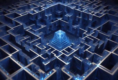 The primary subject of the image is a blue, three-dimensional structure, possibly a crystal or a geometric shape, located in the center of a complex, interconnected network of blue lines and shapes. The setting appears to be a futuristic or abstract environment, with the blue lines and shapes surrounding the central structure. The visual style of the image is a combination of digital art and illustration, creating a unique and intricate pattern. The colors and mood of the image are predominantly blue, giving it a calm and serene
