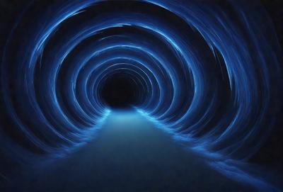 The primary subject of the image is a tunnel, which appears to be a blue-lit, curved passage. The setting is a dark, enclosed space, and the visual style is a digital art or illustration. The dominant colors are blue and black, creating a moody atmosphere.